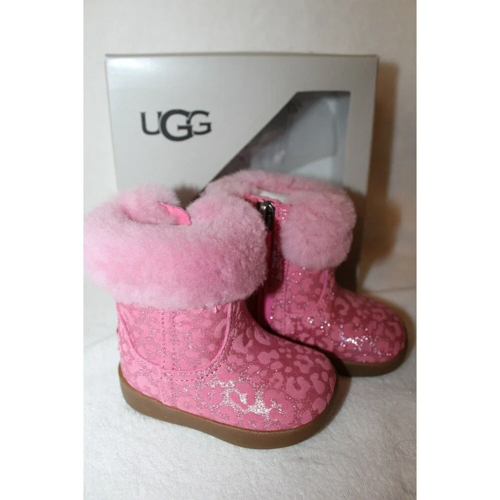 NIB UGG Girls Infant Metallic Pink‎ Leopard Shearling Boots Booties 2/3